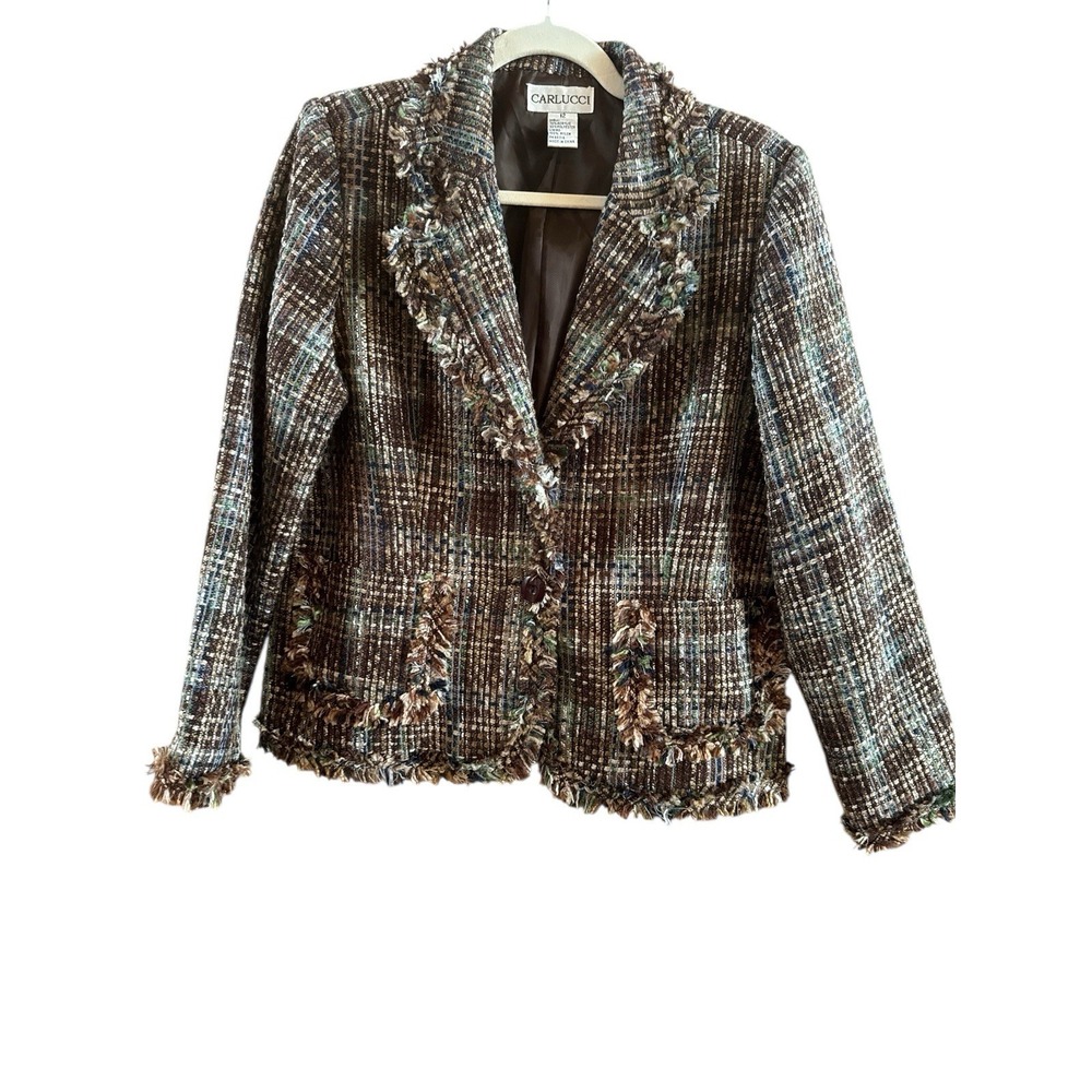 Vintage Carlucci Tweed Frayed‎ Lined Jacket Size 12 Brown Green Snazzy